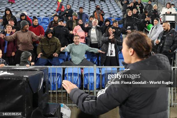 The crowd perform a Haka following the 2022 Pacific Four Series match between the New Zealand Black Ferns and the USA at Semenoff Stadium on June 18,...