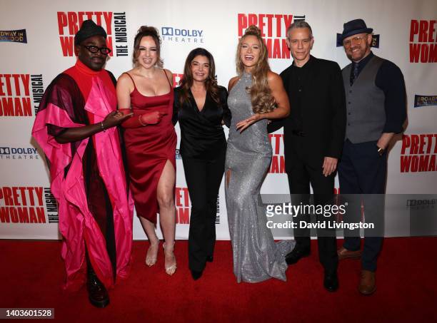 Cast members Kyle Taylor Parker, Olivia Valli, Jessica Crouch, Adam Pascal and Matthew Stocke pose with Laura San Giacomo at the Los Angeles opening...