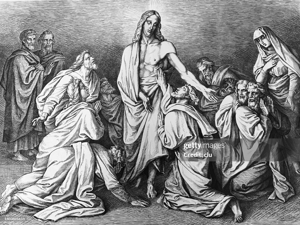 The Doubting Apostle Jesus Surrounded By His Disciples High-Res Vector ...