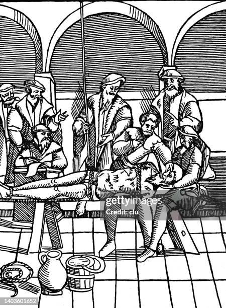 stockillustraties, clipart, cartoons en iconen met penalties in middle ages, filling a drink into a victim - torture