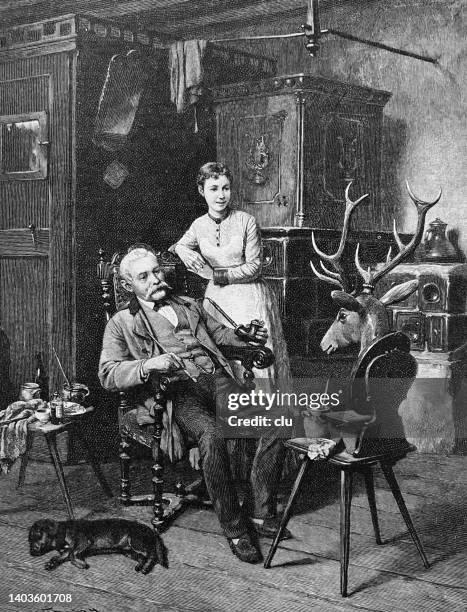 forester's art interest, embellishing the deer head - deer head stock illustrations