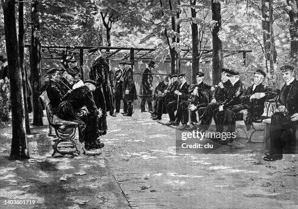old men's house in amsterdam, seniors sitting in the garden - retirement community stock illustrations