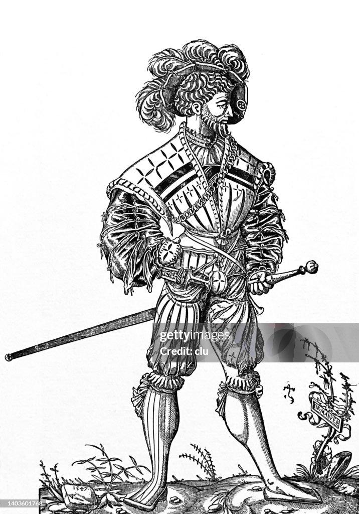 Medieval knight in parade uniform, Plumed hat and hairstyle resembling a snail shell