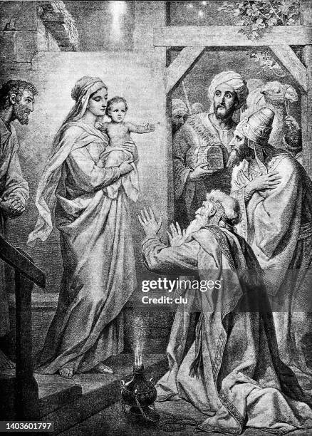 the wise men from the orient arriving in the barn - wise men stock illustrations