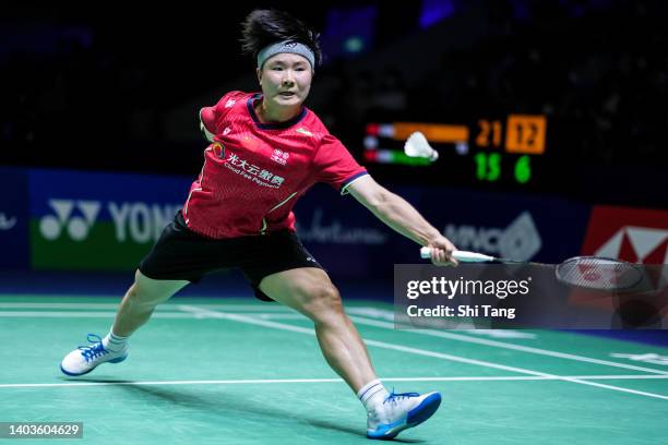 He Bingjiao of China competes in the Women's Singles Semi Finals match against Wang Zhiyi of China on day five of the Indonesia Open at Istora...