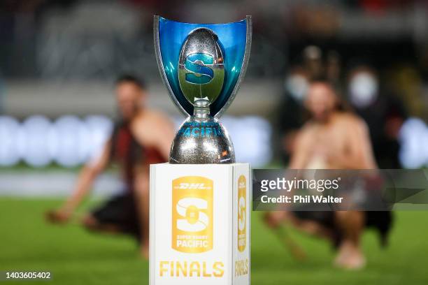 The Super Rugby Pacific trophy on display during the 2022 Super Rugby Pacific Final match between the Blues and the Crusaders at Eden Park on June...