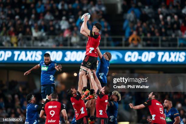 Scott Barrett of the Crusaders wins a lineout during the 2022 Super Rugby Pacific Final match between the Blues and the Crusaders at Eden Park on...