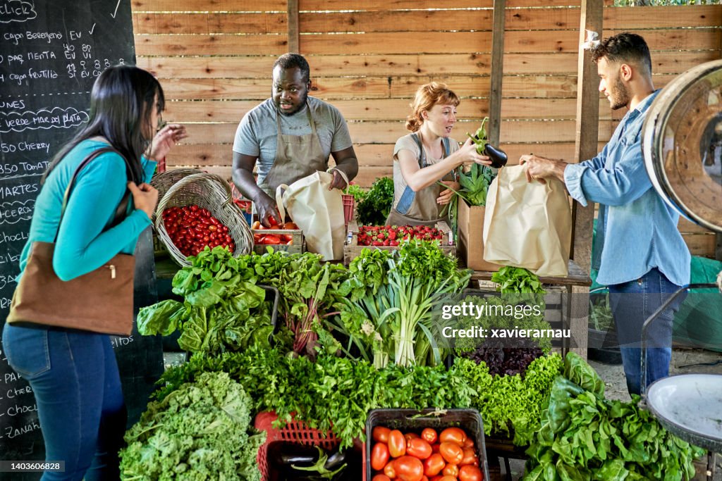 Customers buying produce direct from organic farmers