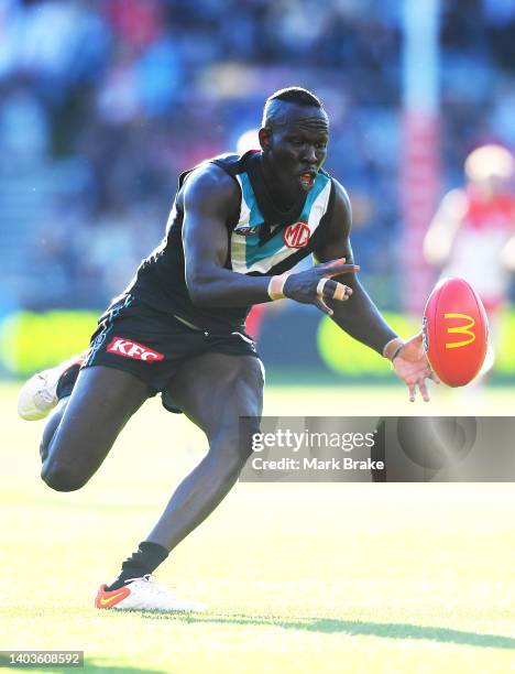 Aliir Aliir of Port Adelaide during the round 14 AFL match between the Port Adelaide Power and the Sydney Swans at Adelaide Oval on June 18, 2022 in...