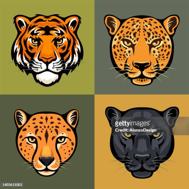 vector big cats kopf-logo. maskottchen kreatives design. - gepardenfell stock-grafiken, -clipart, -cartoons und -symbole
