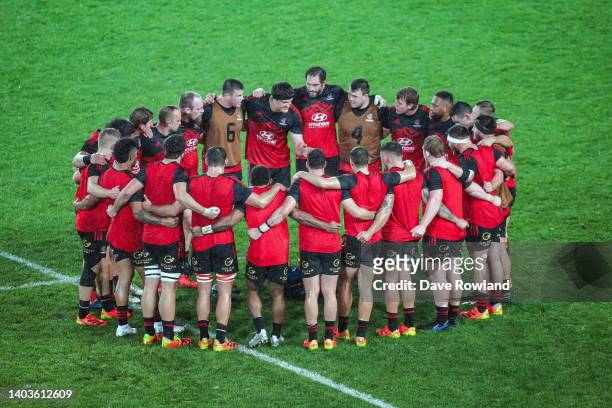 The Crusaders in a huddle before the 2022 Super Rugby Pacific Final match between the Blues and the Crusaders at Eden Park on June 18, 2022 in...
