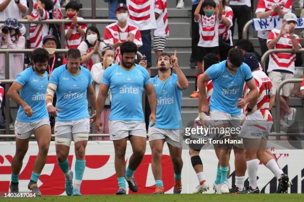 Manuel Ardao of Uruguay celebrates after scoring a try during the rugby international test match between Japan and Uruguay at Prince Chichibu...