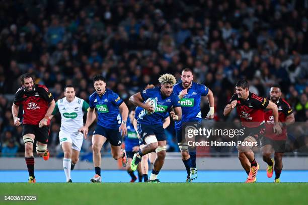 Hoskins Sotutu of the Blues on attack during the 2022 Super Rugby Pacific Final match between the Blues and the Crusaders at Eden Park on June 18,...