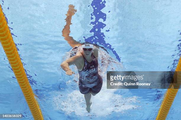 Katie Ledecky of Team United States competes in the Women's 400m Freestyle heat on day one of the Budapest 2022 FINA World Championships at Duna...