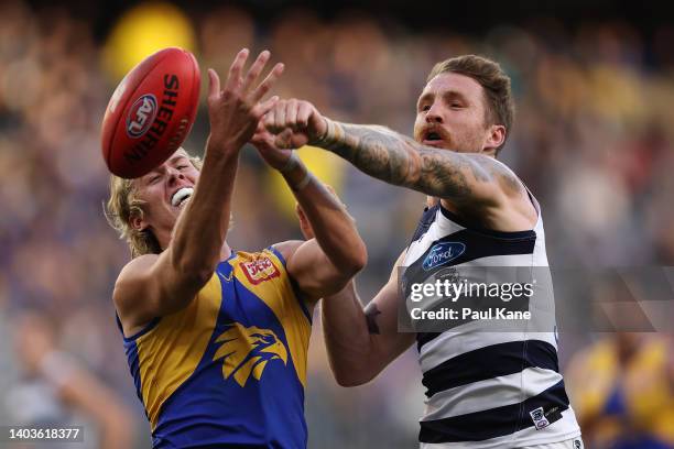 Zach Tuohy of the Cats spoils the mark for Callum Jamieson of the Eagles during the round 14 AFL match between the West Coast Eagles and the Geelong...