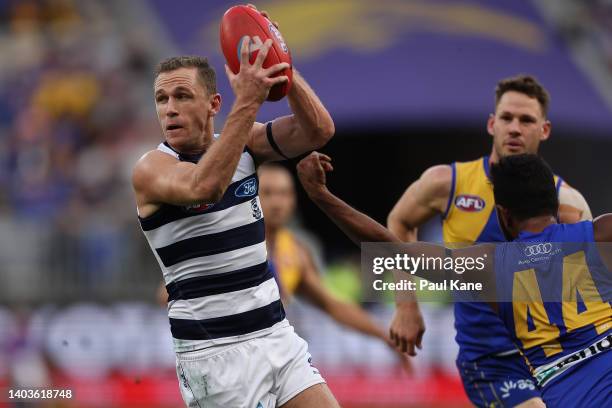 Joel Selwood of the Cats in action during the round 14 AFL match between the West Coast Eagles and the Geelong Cats at Optus Stadium on June 18, 2022...