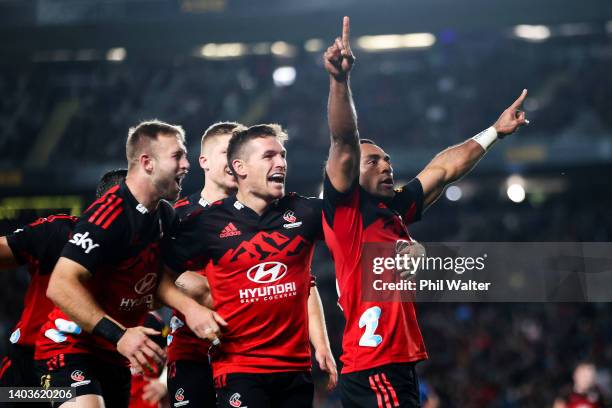 Sevu Reece of the Crusaders celebrates after scoring a try during the 2022 Super Rugby Pacific Final match between the Blues and the Crusaders at...