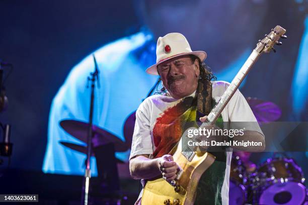 Guitarist Carlos Santana of Santana performs on stage at North Island Credit Union Amphitheatre on June 17, 2022 in Chula Vista, California.