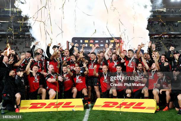 The Crusaders celebrate after winning the 2022 Super Rugby Pacific Final match between the Blues and the Crusaders at Eden Park on June 18, 2022 in...