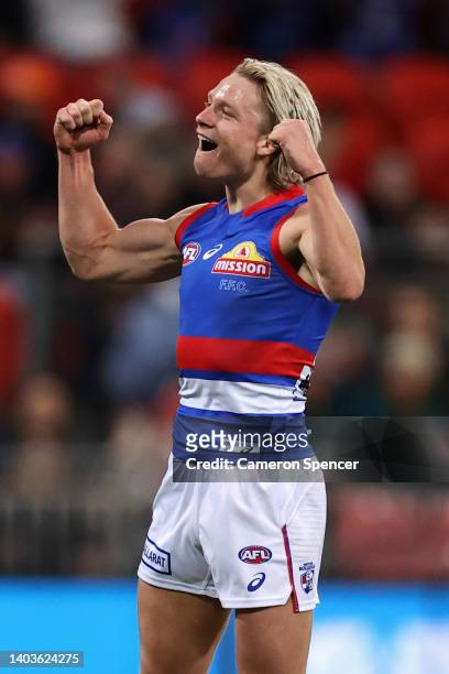 Cody Weightman of the Bulldogs celebrates kicking a goal during the round 14 AFL match between the Greater Western Sydney Giants and the Western...