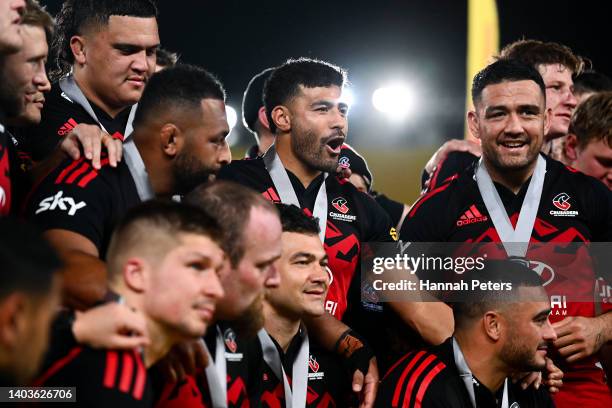 Richie Mo'unga of the Crusaders celebrates the win after the 2022 Super Rugby Pacific Final match between the Blues and the Crusaders at Eden Park on...