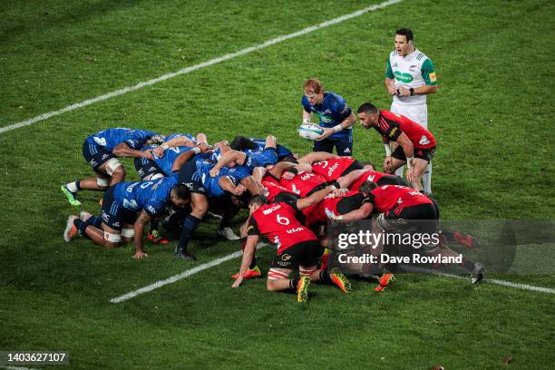 Finlay Christie of the Blues about the place the ball into a scrum during the 2022 Super Rugby Pacific Final match between the Blues and the...