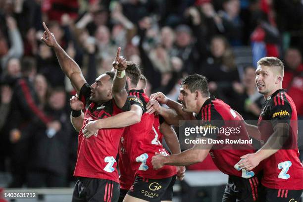 Sevu Reece of the Crusaders celebrates scoring a try during the 2022 Super Rugby Pacific Final match between the Blues and the Crusaders at Eden Park...