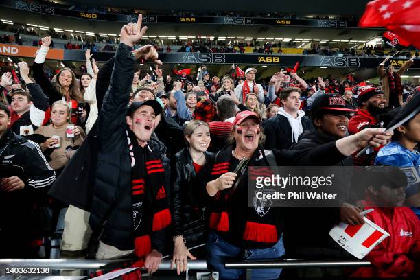 Fans show their support after the 2022 Super Rugby Pacific Final match between the Blues and the Crusaders at Eden Park on June 18, 2022 in Auckland,...