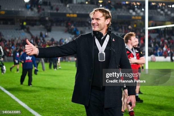 Coach Scott Robertson of the Crusaders celebrates after the 2022 Super Rugby Pacific Final match between the Blues and the Crusaders at Eden Park on...
