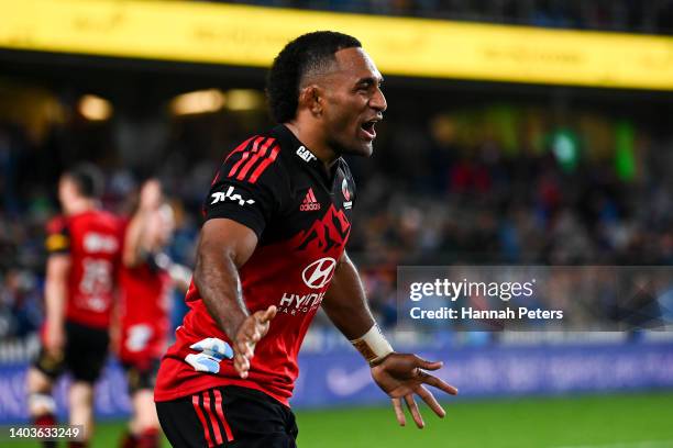 Sevu Reece of the Crusaders celebrates the win during the 2022 Super Rugby Pacific Final match between the Blues and the Crusaders at Eden Park on...