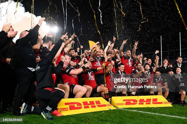 The Crusaders celebrate after winning the 2022 Super Rugby Pacific Final match between the Blues and the Crusaders at Eden Park on June 18, 2022 in...