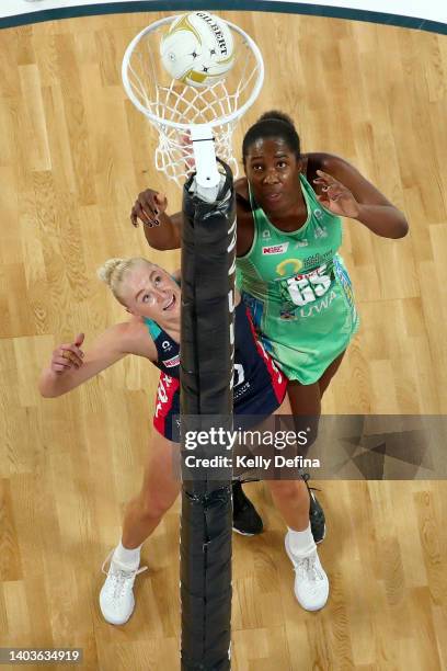 Jhaniele Fowler of the Fever shoots against Jo Weston of the Vixens during the Super Netball Semi Final match between Melbourne Vixens and West Coast...