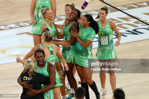 Fever players celebrate the win during the Super Netball Semi Final match between Melbourne Vixens and West Coast Fever at John Cain Arena, on June...