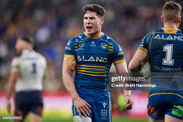 Mitchell Moses of the Eels reacts during the round 15 NRL match between the Parramatta Eels and the Sydney Roosters at CommBank Stadium, on June 18...