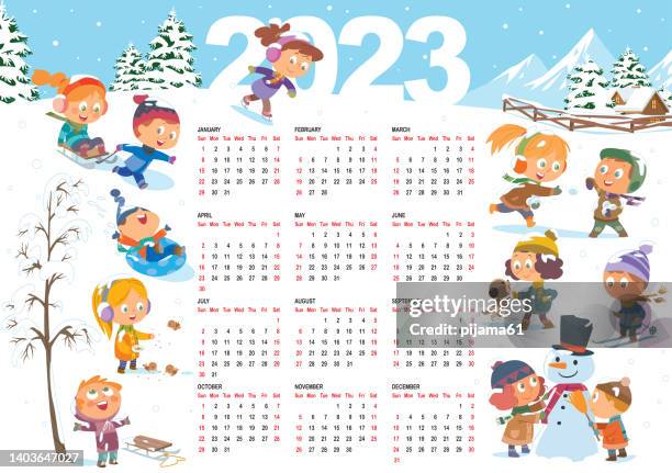 calendar for 2023 year. cheerful children play in the winter. horizontal - 6 7 years stock illustrations