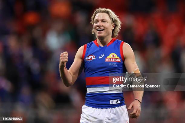 Cody Weightman of the Bulldogs celebrates winning the round 14 AFL match between the Greater Western Sydney Giants and the Western Bulldogs at GIANTS...