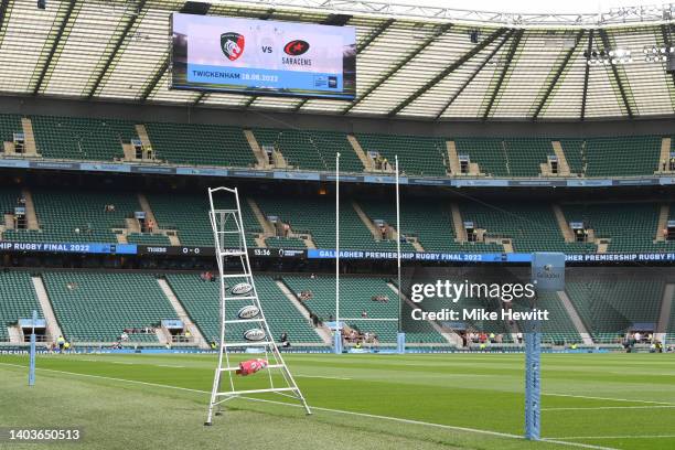 General view of training equipment on the inside of Twickenham Stadium prior to kick off of the Gallagher Premiership Rugby Final match between...