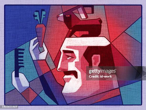 bald man holding comb and carrot with rabbit - bald patch stock illustrations