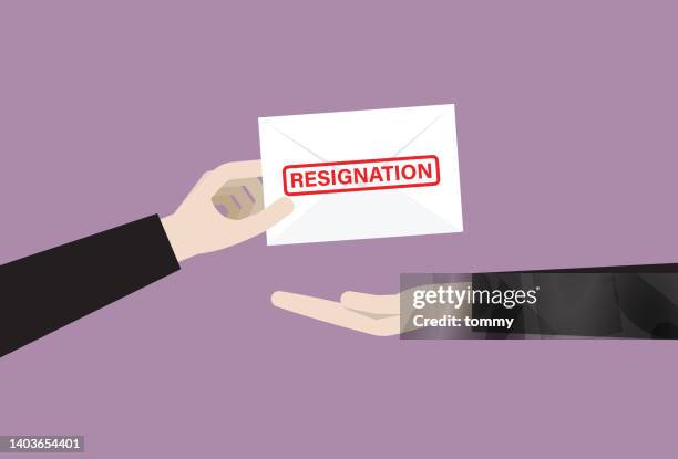 stockillustraties, clipart, cartoons en iconen met the employee is sending a resignation envelope to the manager - abdication