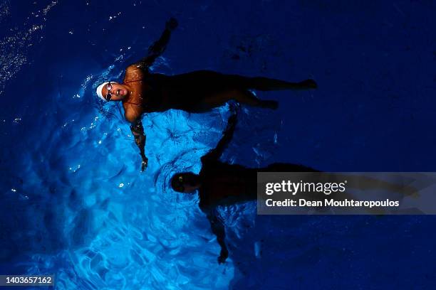 Claudia Coletti and Kenneth Gaudet of Team USA practice their Artistic Swimming Mixed Duet Technical routine during a training session on day one of...