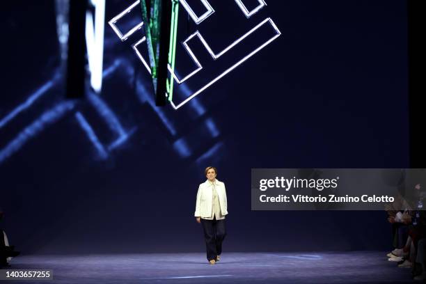 Fashion designer Silvia Venturini Fendi acknowledges the applause of the audience at the Fendi fashion show during the Milan Fashion Week S/S 2023 on...