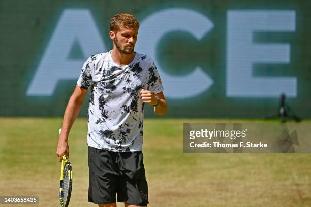 Oscar Otte of Germany celebrates in his match against Daniil Medvedev of Russia during day eight of the 29th Terra Wortmann Open at OWL-Arena on June...