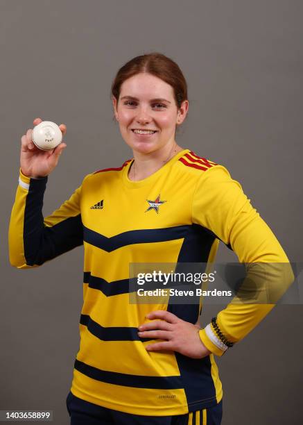 Kalea Moore of South East Stars poses for a portrait during the South East Stars media day at The County Ground on June 18, 2022 in Beckenham,...