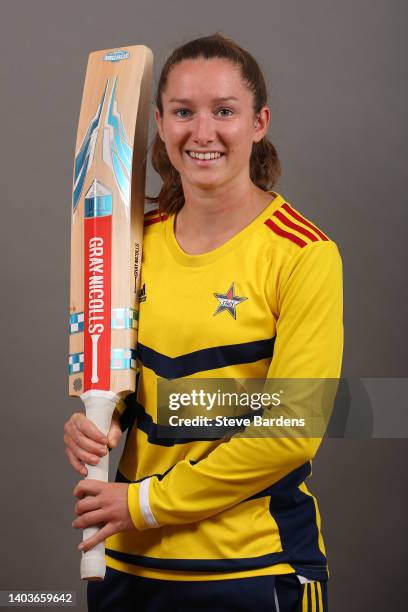 Rhianna Southby of South East Stars poses for a portrait during the South East Stars media day at The County Ground on June 18, 2022 in Beckenham,...