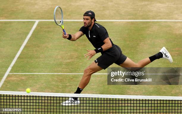 Matteo Berrettini of Italy plays a forehand against Botic van de Zandschulp of Netherlands during the Men's Singles Semi-Final match on day six of...