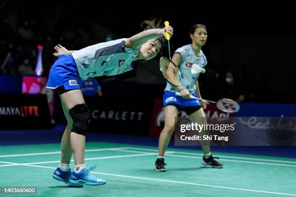 Yuki Fukushima and Sayaka Hirota of Japan compete in the Women's Doubles Semi Finals match against Lee So Hee and Shin Seung Chan of Korea on day...