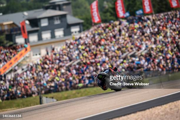Fabio Quartararo of France and Monster Energy Yamaha MotoGP rides in front of the crowd at full grandstands during the qualifying session of the...