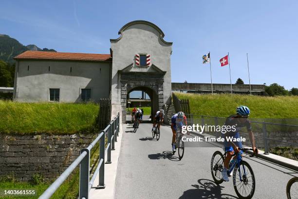 Michael Matthews of Australia and Team BikeExchange - Jayco Black Points Jersey passing through St.Luzisteig during the 85th Tour de Suisse 2022 -...