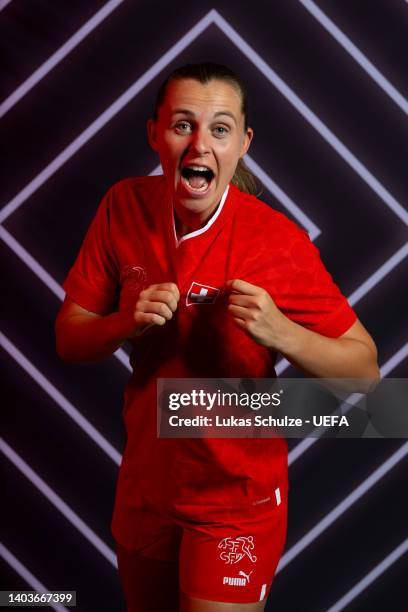 Noelle Maritz of Switzerland poses for a portrait during the official UEFA Women's EURO 2022 portrait session on June 17, 2022 in Rheda-Wiedenbruck,...