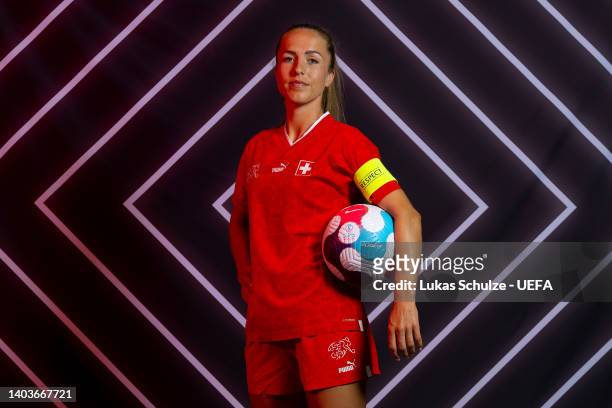 Lia Walti of Switzerland poses for a portrait during the official UEFA Women's EURO 2022 portrait session on June 17, 2022 in Rheda-Wiedenbruck,...